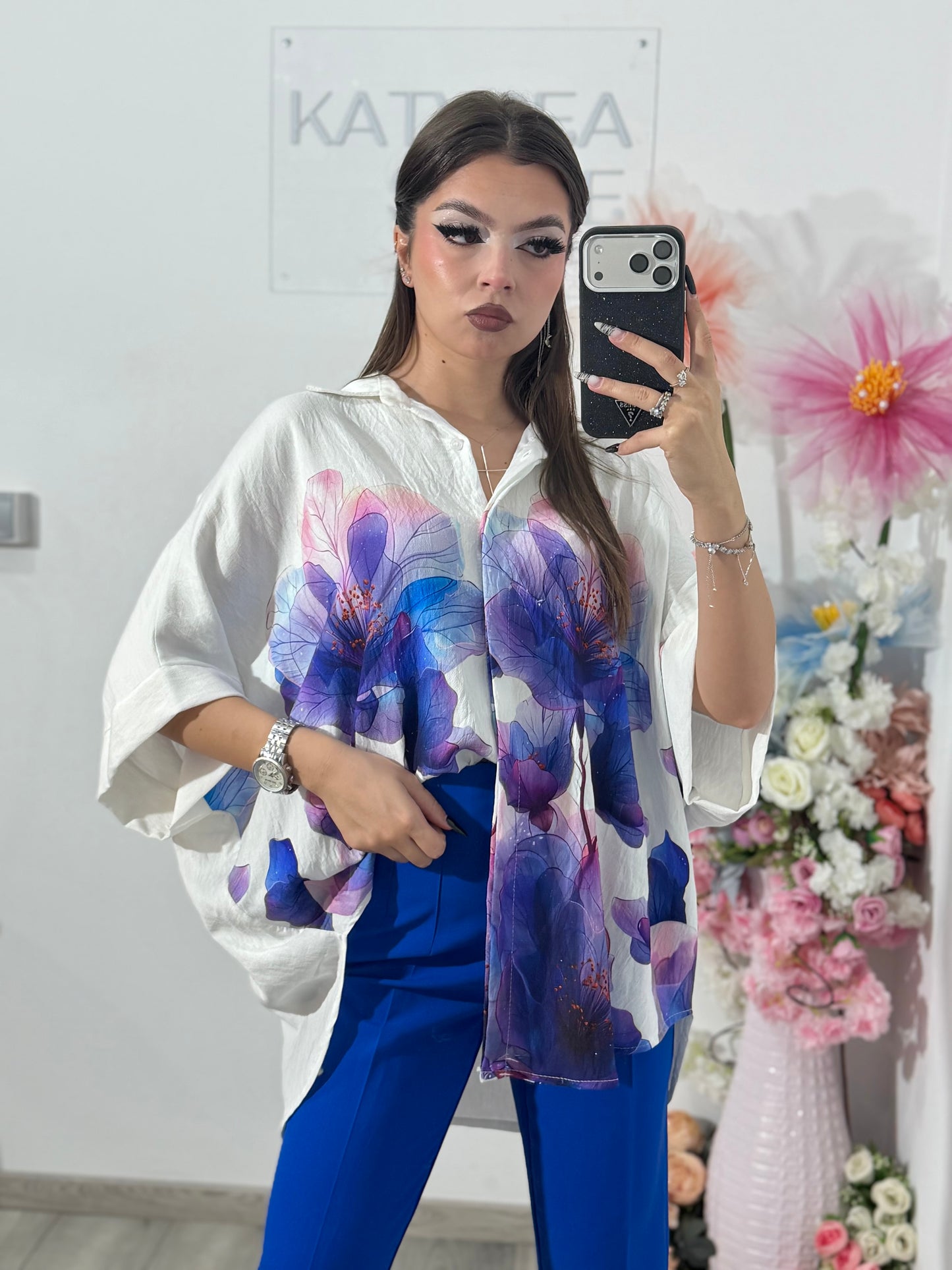 Cămașă din în cu imprimeu albastru violet ELIZA