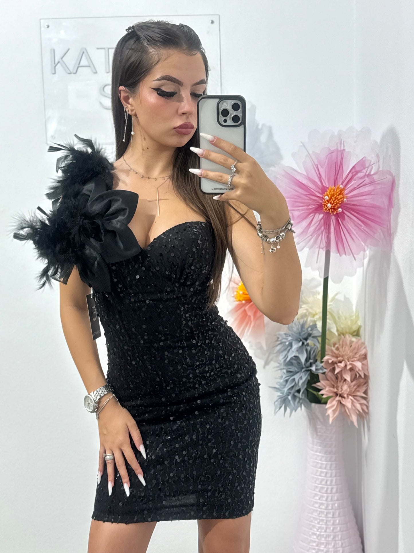 Rochie cu paiete și floare 3D neagră Sparkle