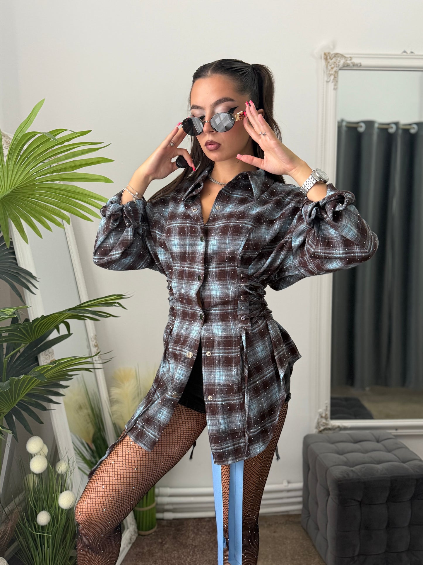 Cămașă cu corset și cristale ștanțate blue