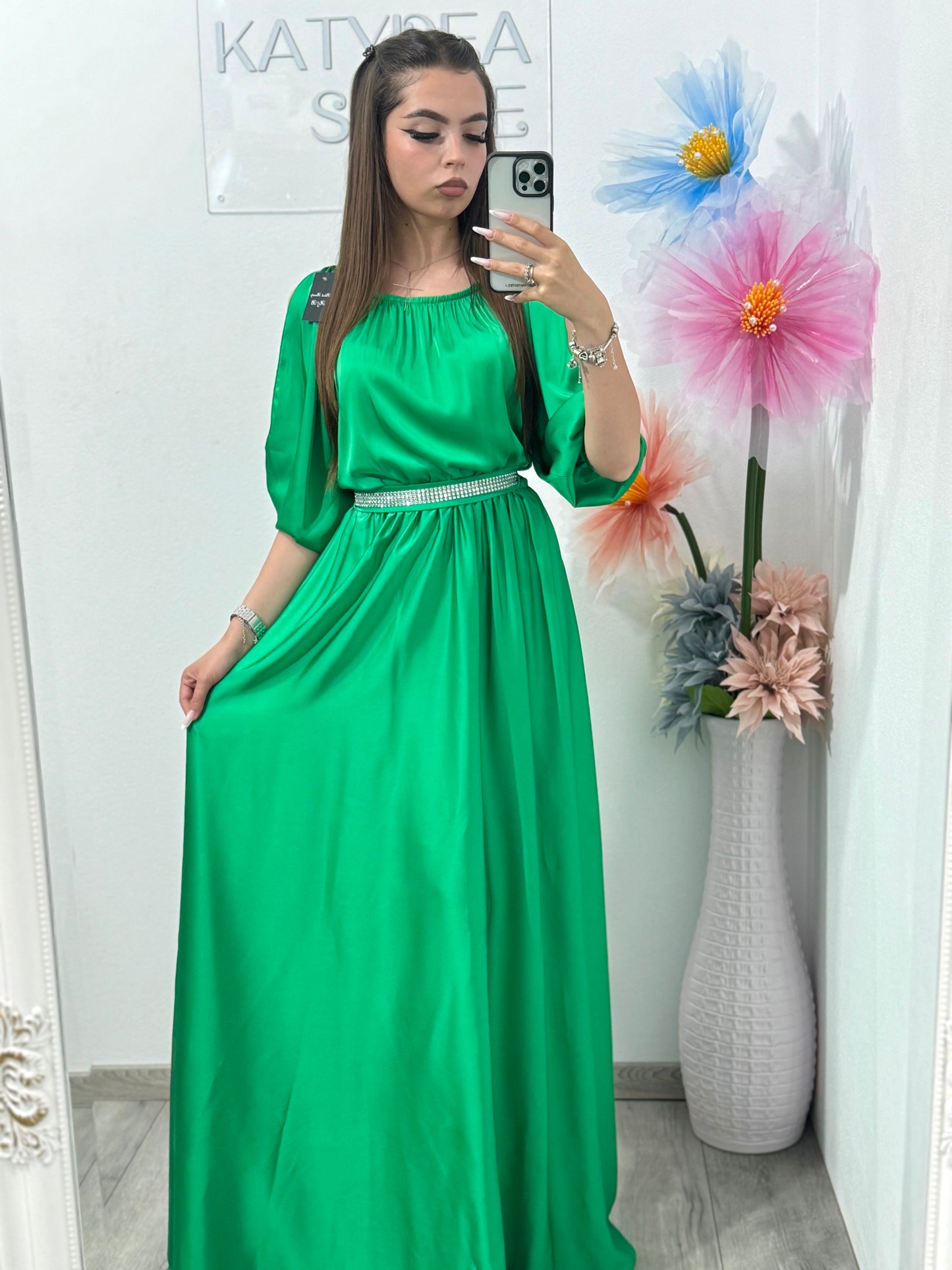 Rochie din satin verde Anna