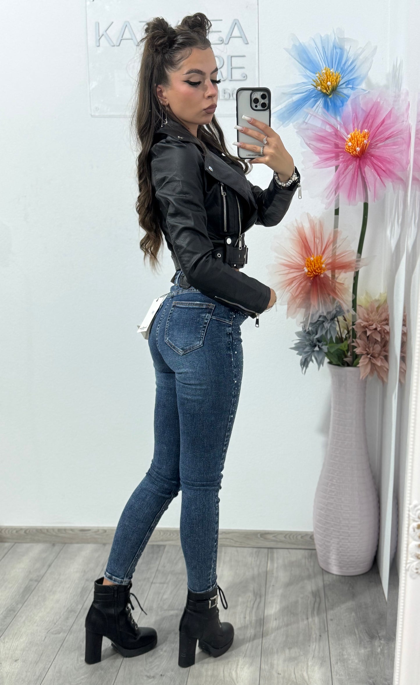 Blugi skinny cu cristale Miss Bonbon albaștri