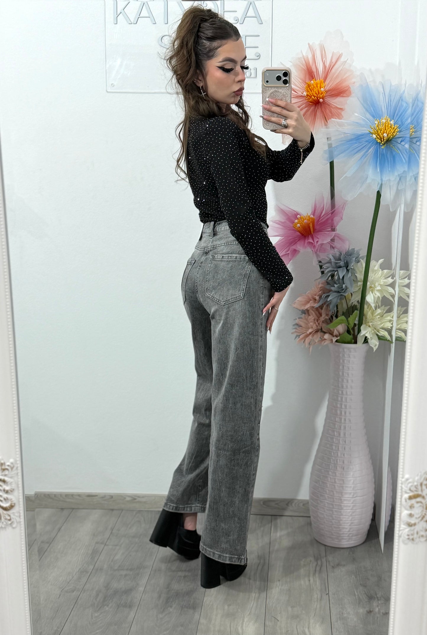 Jeans WideLeg cu cristale ștanțate  gri ROSE