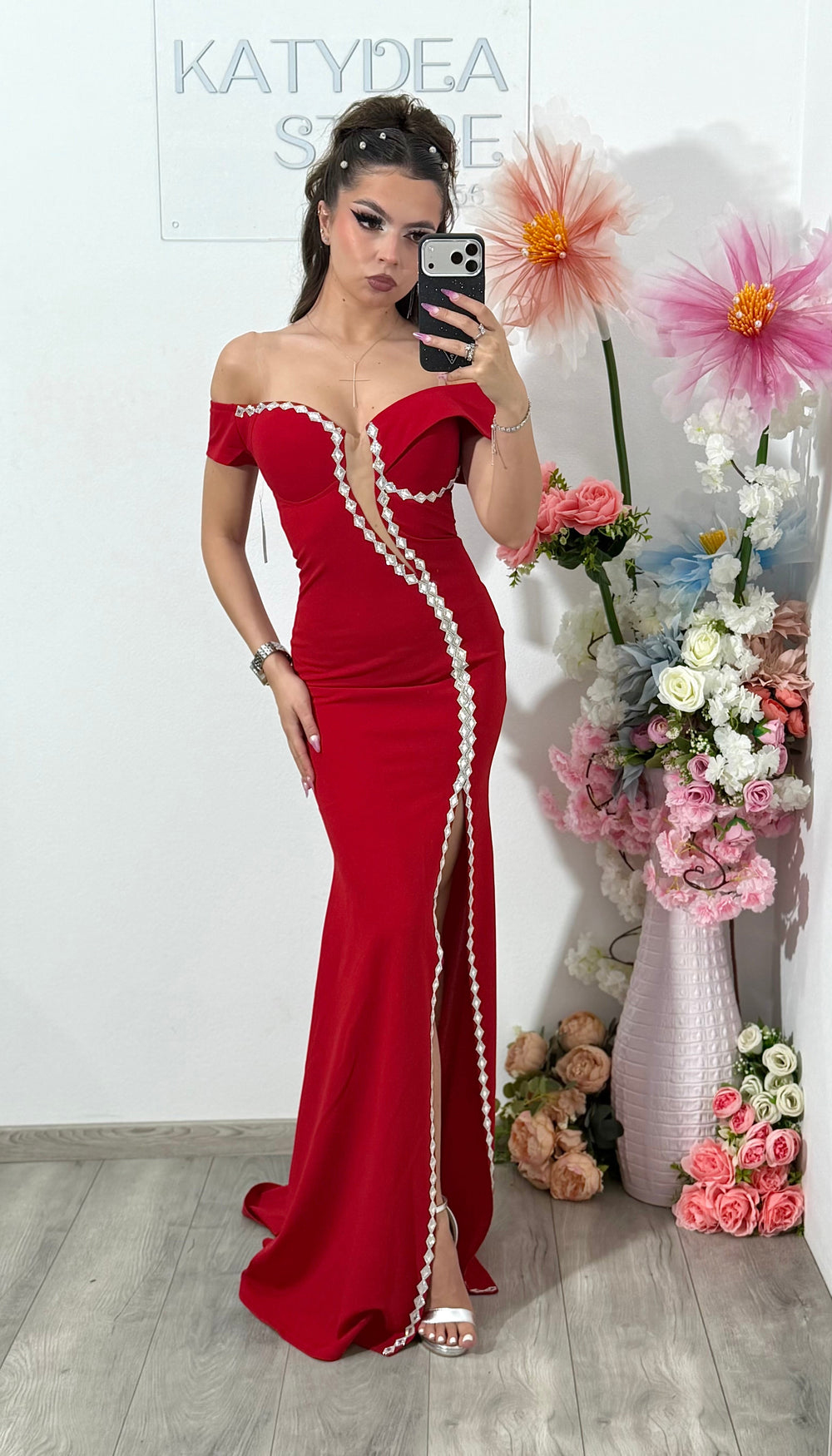 Rochie rosie lunga tip sirena Katherine