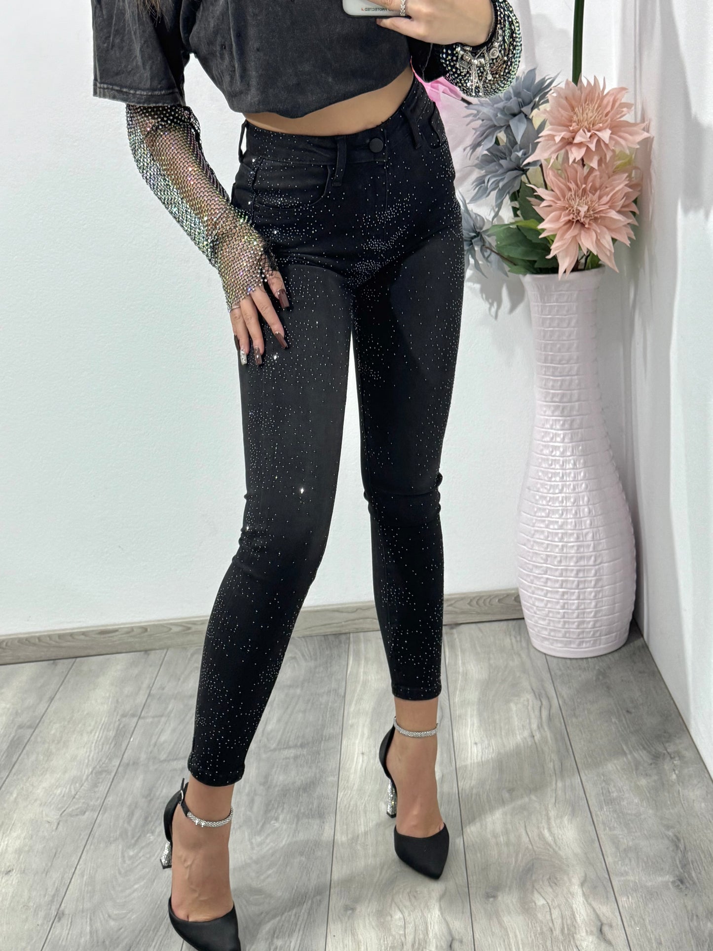 Jeans skinny negri cu cristale ștanțate DARIA