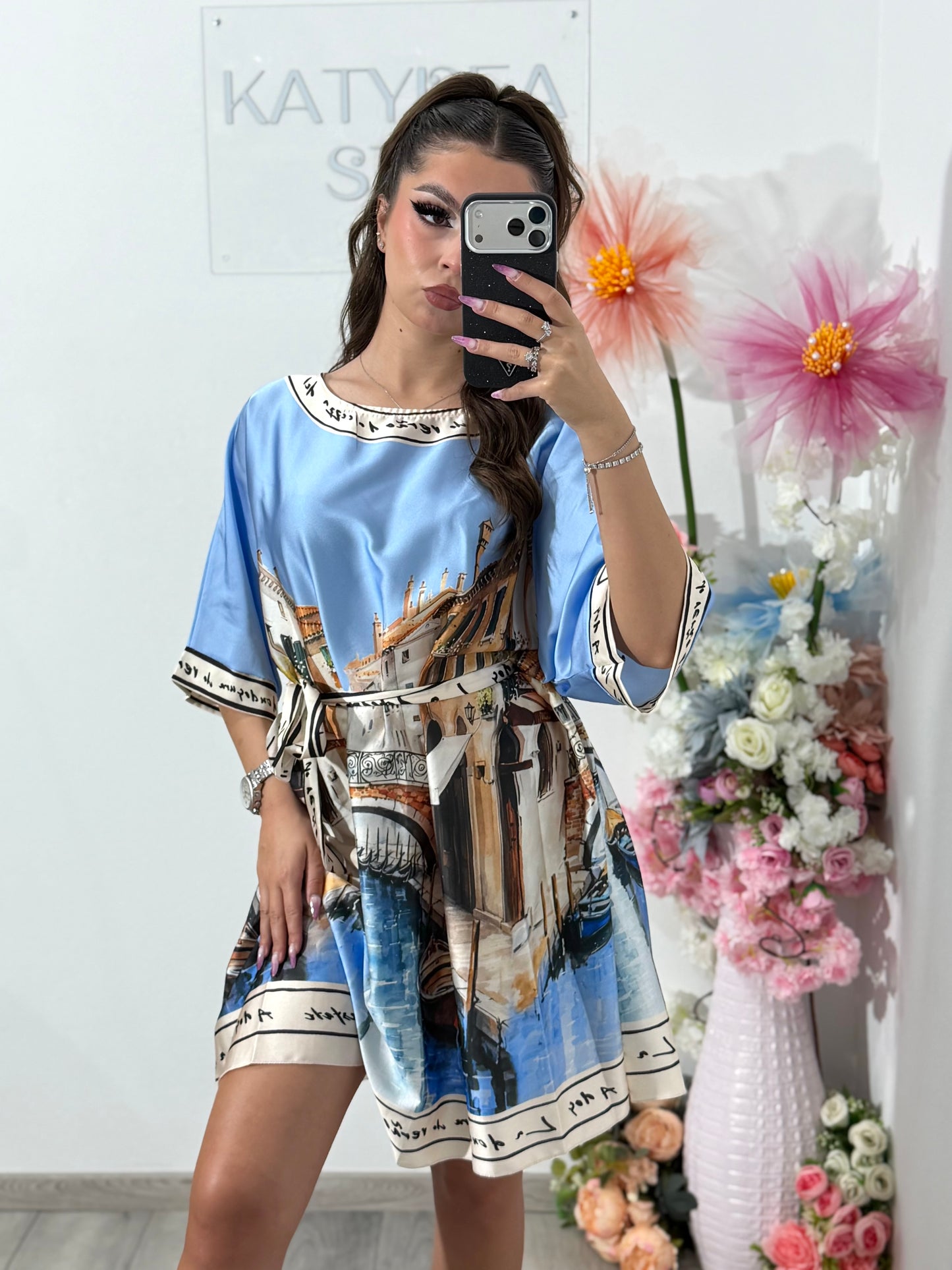 Rochie satinata cu imprimeu bleu RAYSA