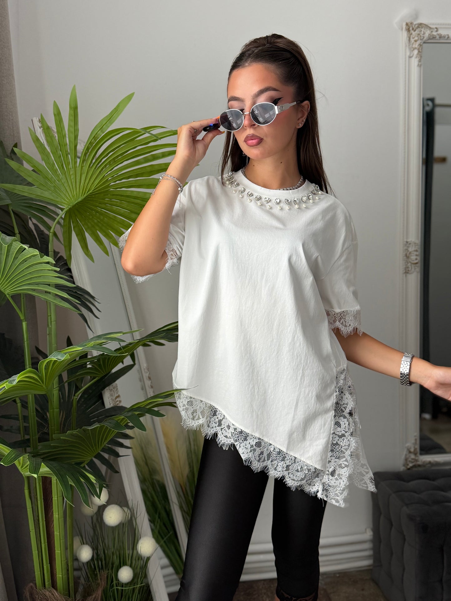 Tricou cu dantelă alb SARA
