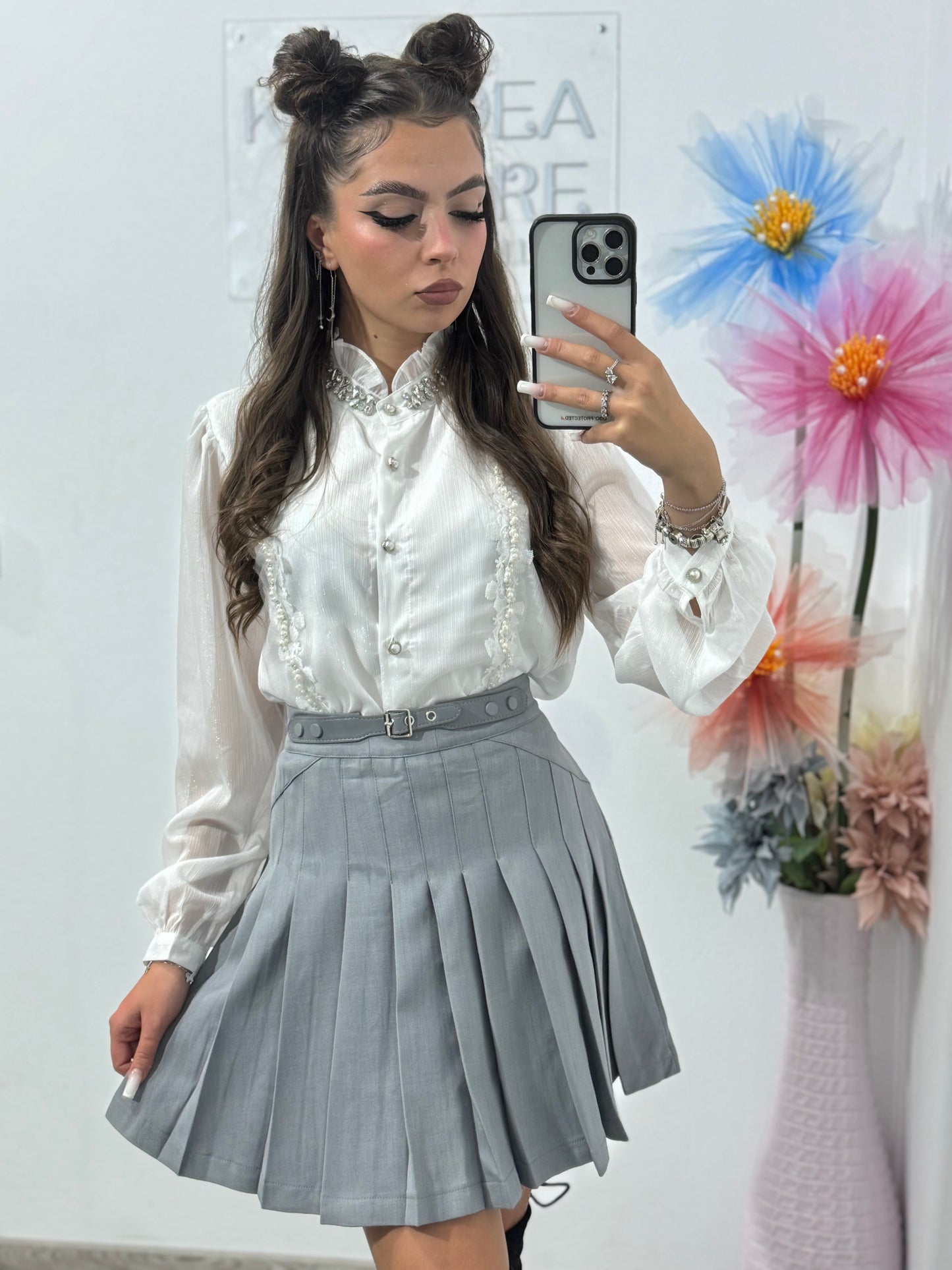 Fustă gri plisată cu catarame Sorina