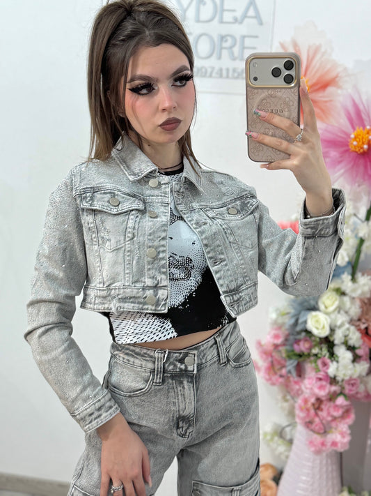 Geacă din denim cropped gri prespălat cu cristale ANNAIS