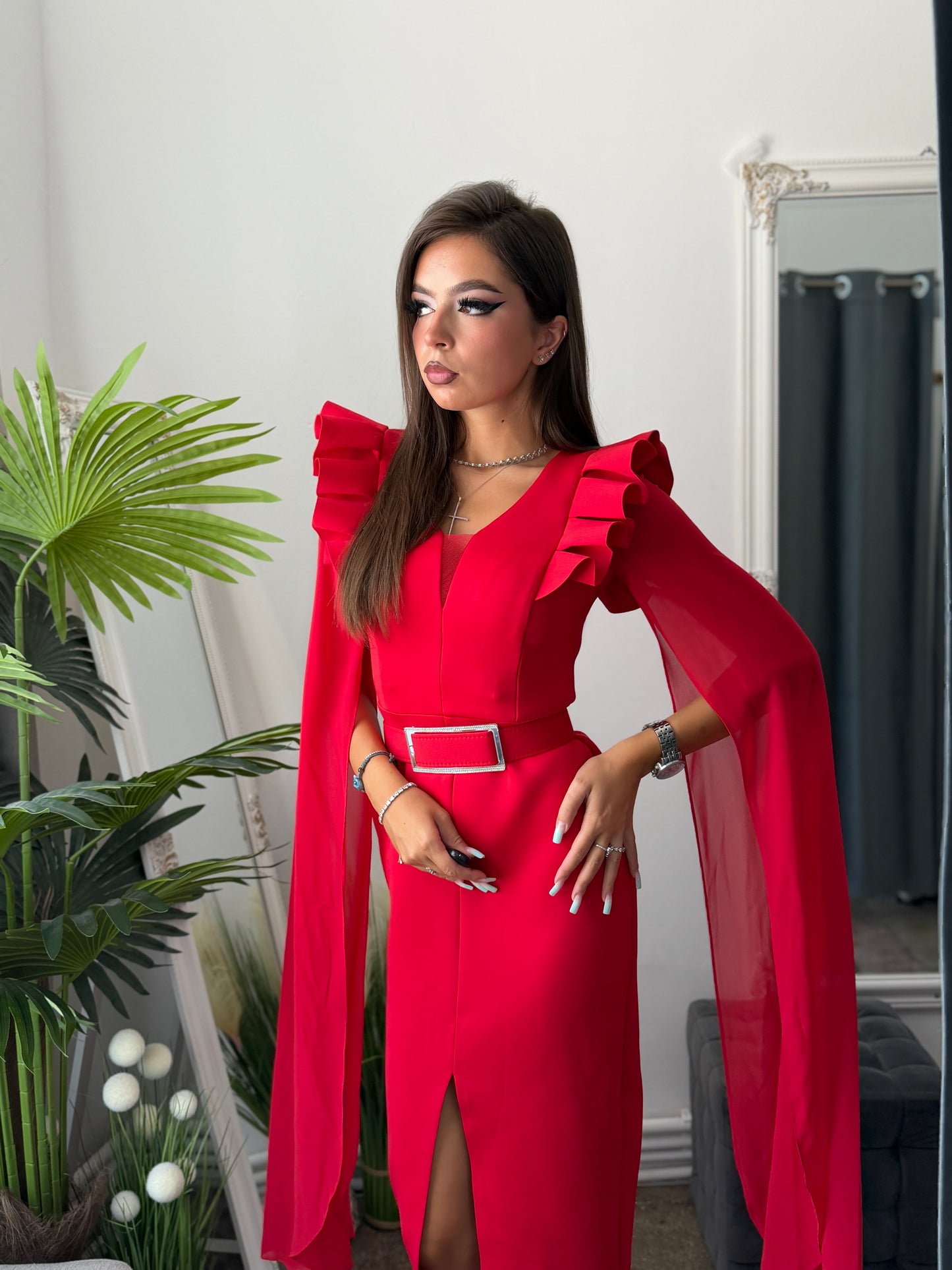 Rochie elegantă rosie din neopren midi MARIA