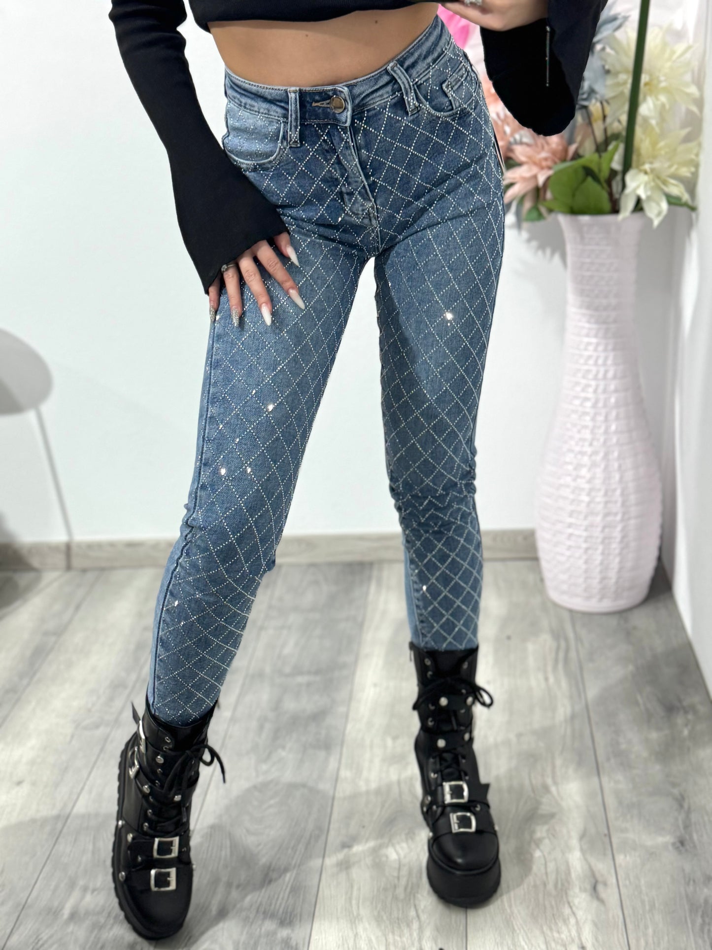 Jeans skinny albaștri cu cristale ștanțate DANY