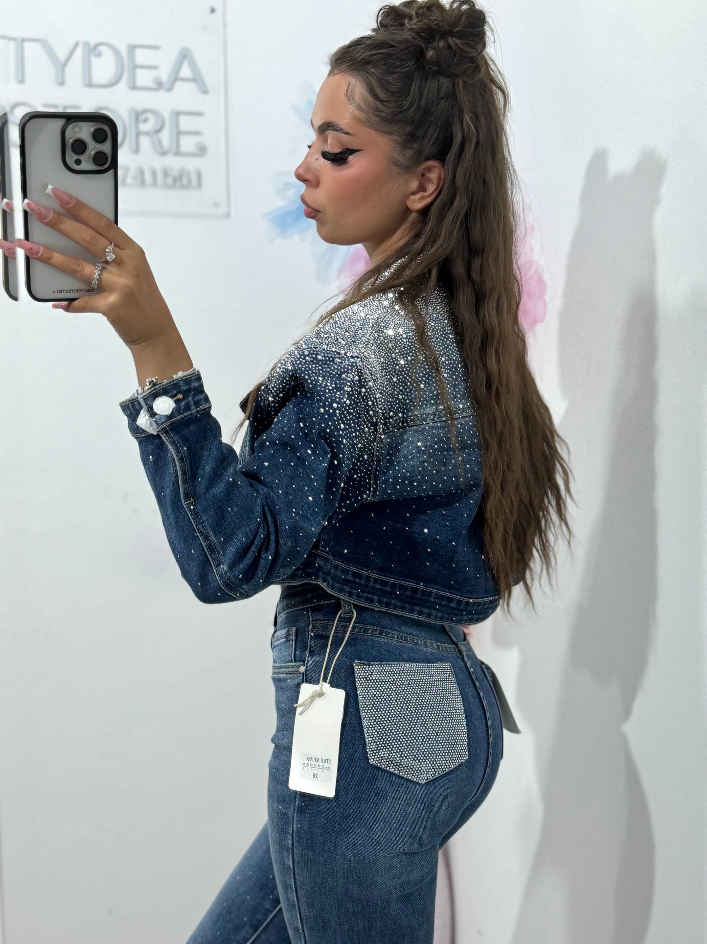 Jeans skinny albaștri cu cristale Clara