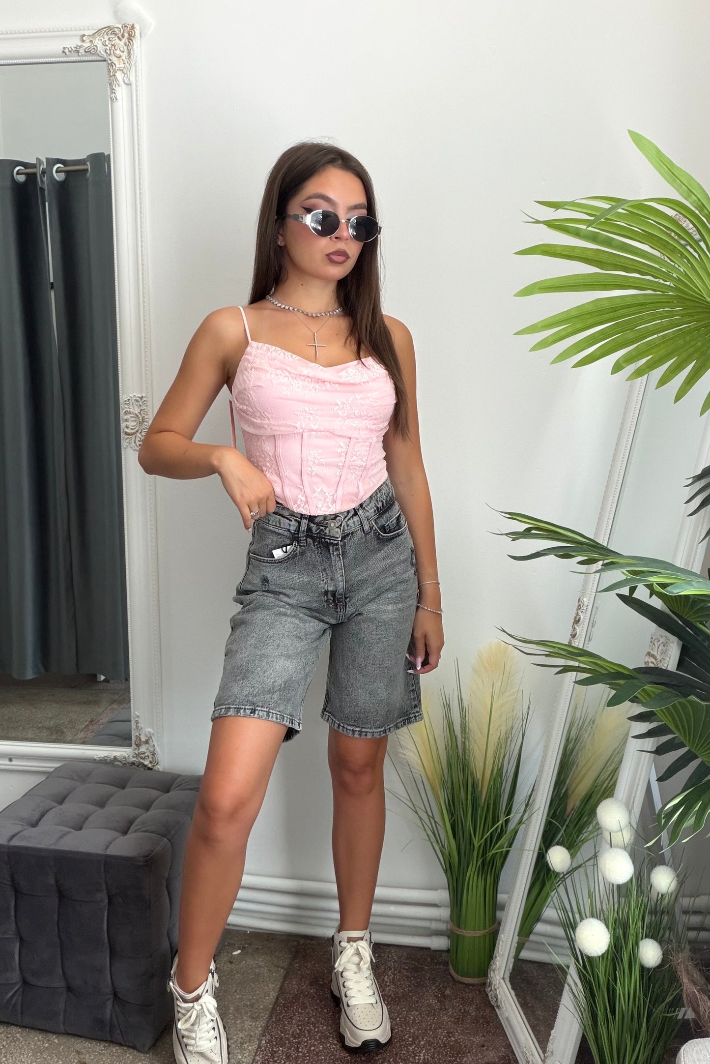 Jeans tip bermude gri PINK POCKET