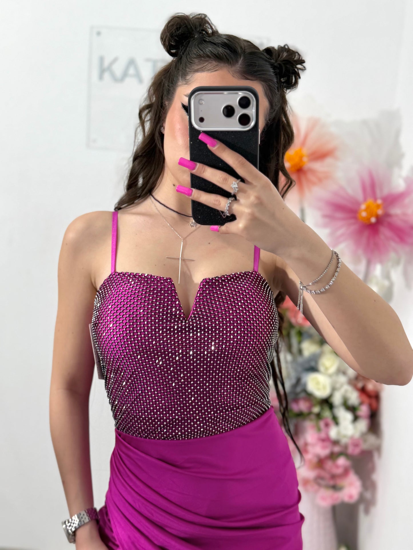 Rochie midi cu cristale fucsia DELIA