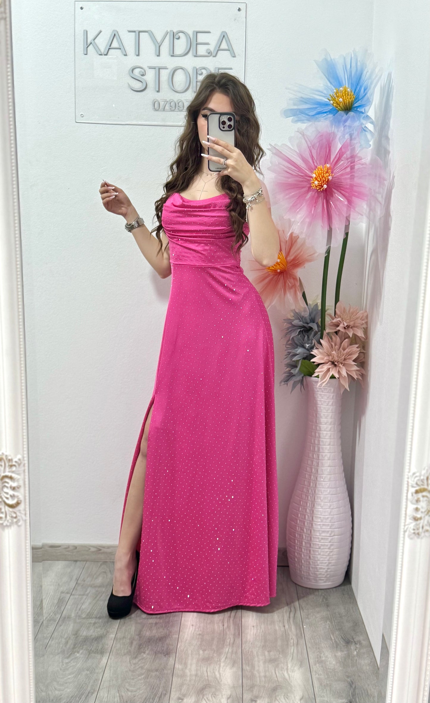 Rochie elegantă cu cristale fucsia Glam