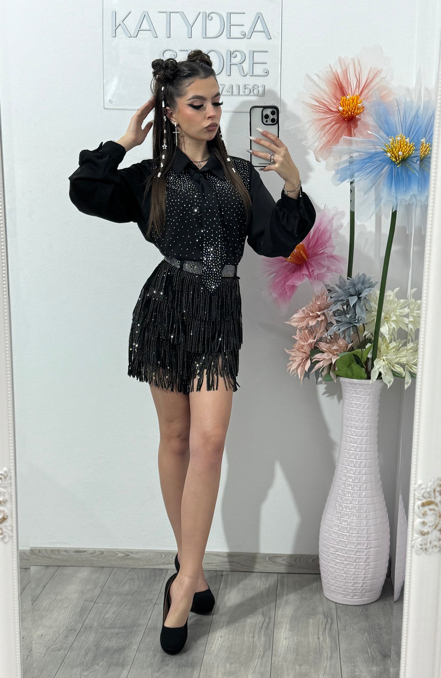 Fustă-pantalon din piele întoarsă și cristale ANDREEA