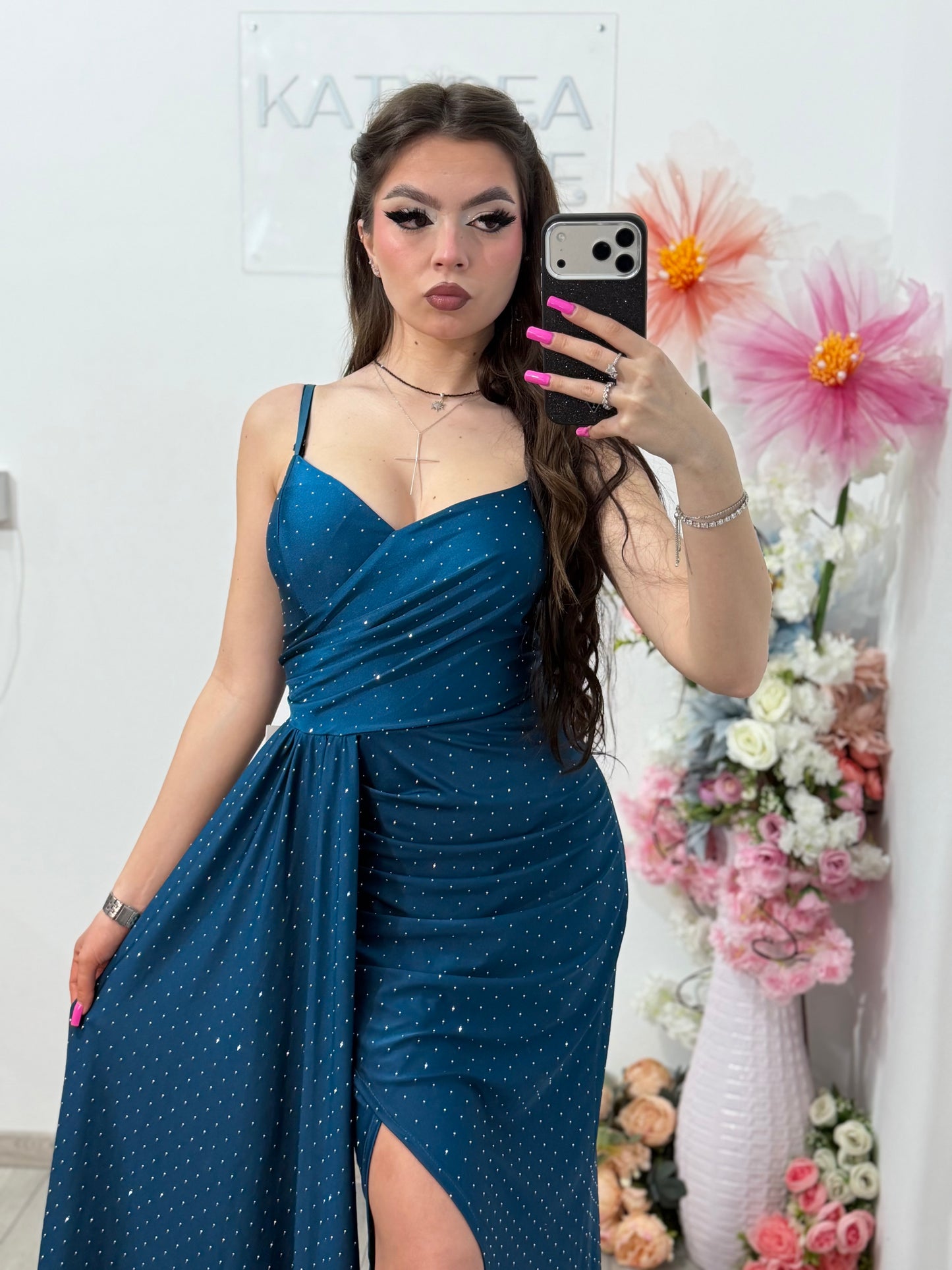 Rochie Monique cu cristale ștanțate turcoaz