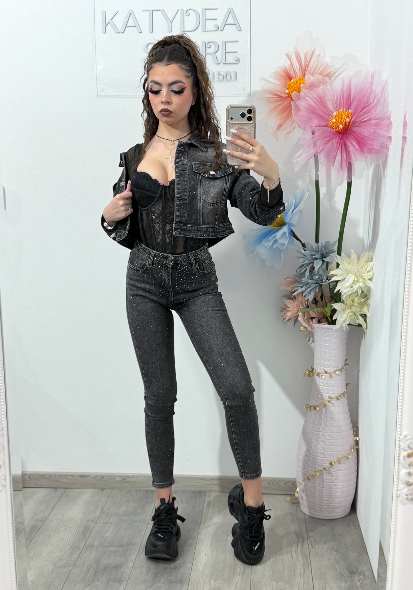 Jeans skinny gri cu cristale DANNA