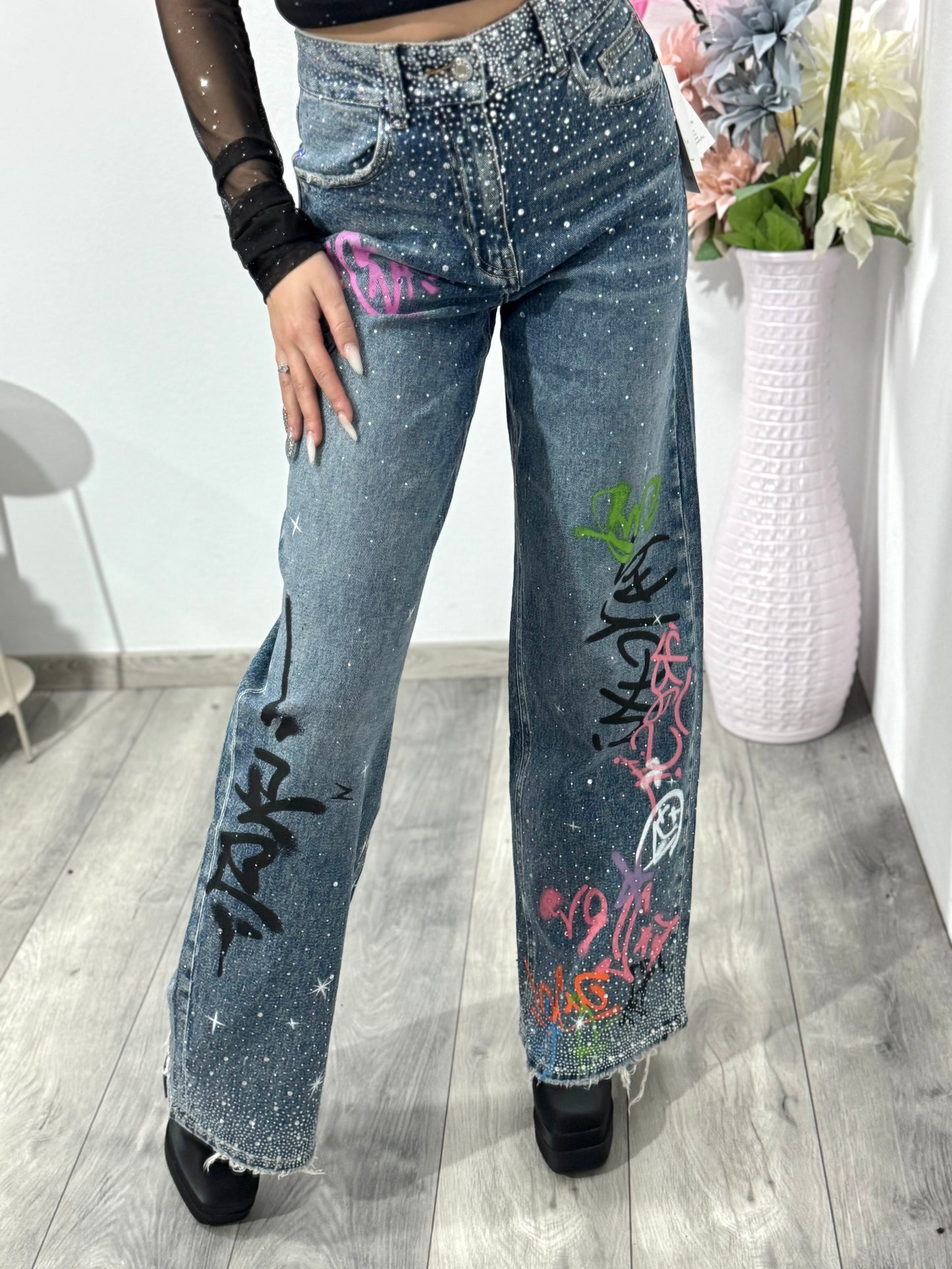 Jeans WideLeg cu cristale și grafitti ANDREE