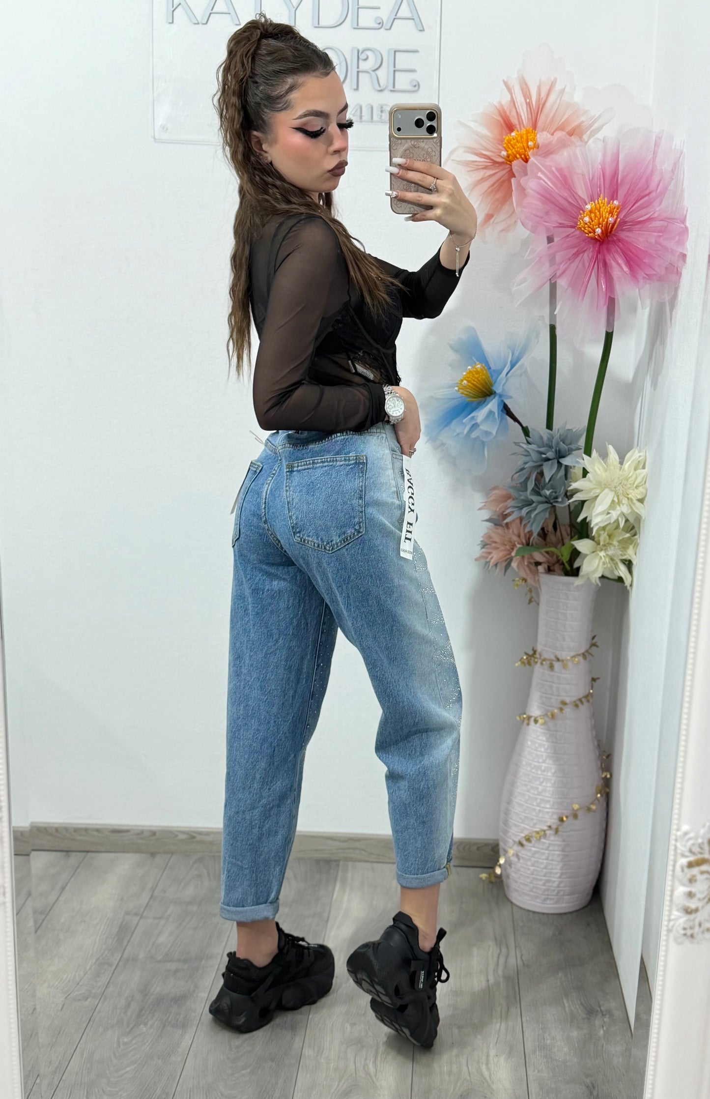 Blugi momfit albaștri cu cristale CARLA