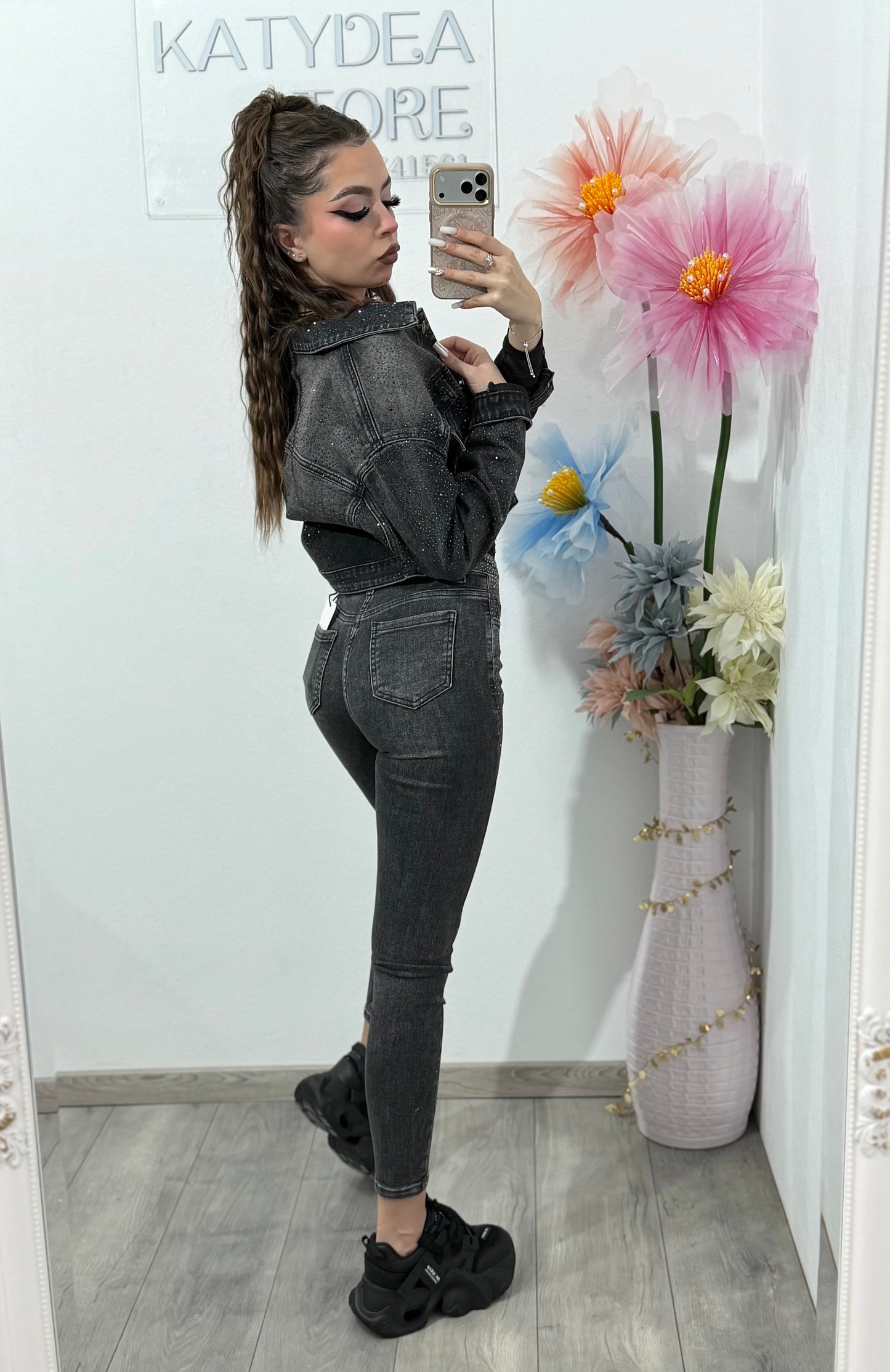 Jeans skinny gri cu cristale DANNA