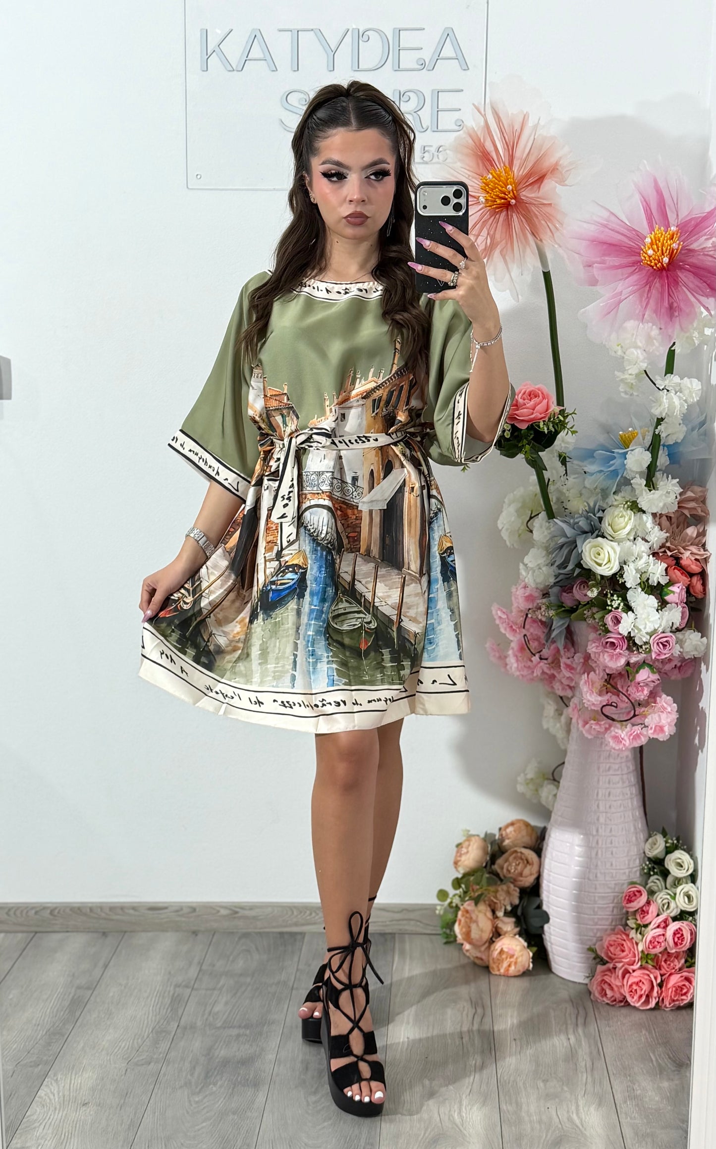 Rochie satinata cu imprimeu kaki RAYSA