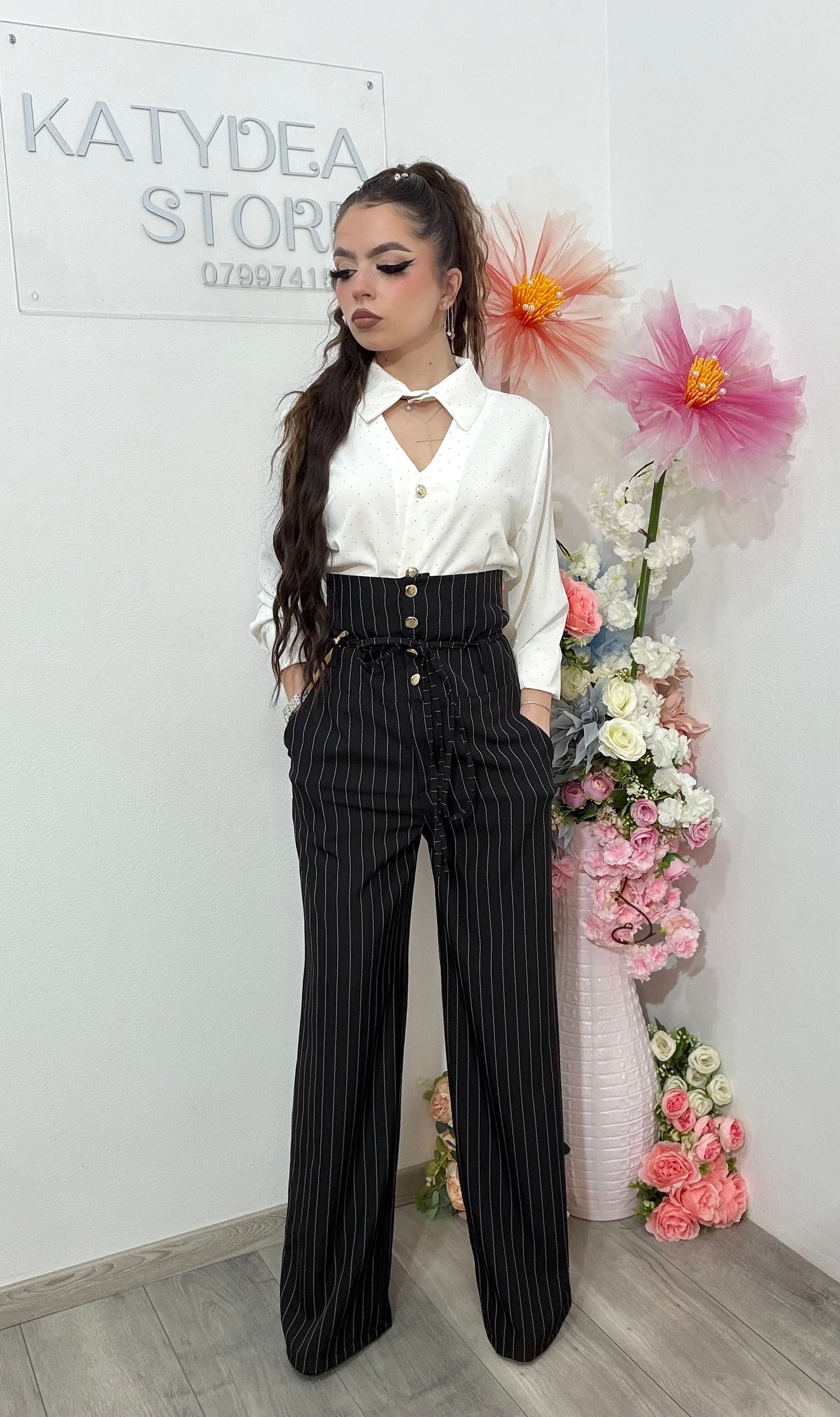 Pantaloni WideLeg cu dungi și talie înaltă negri NADIA