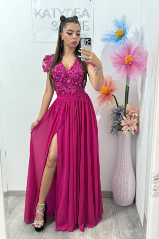 Rochie din voal și din dantelă 3D fucsia Lucy