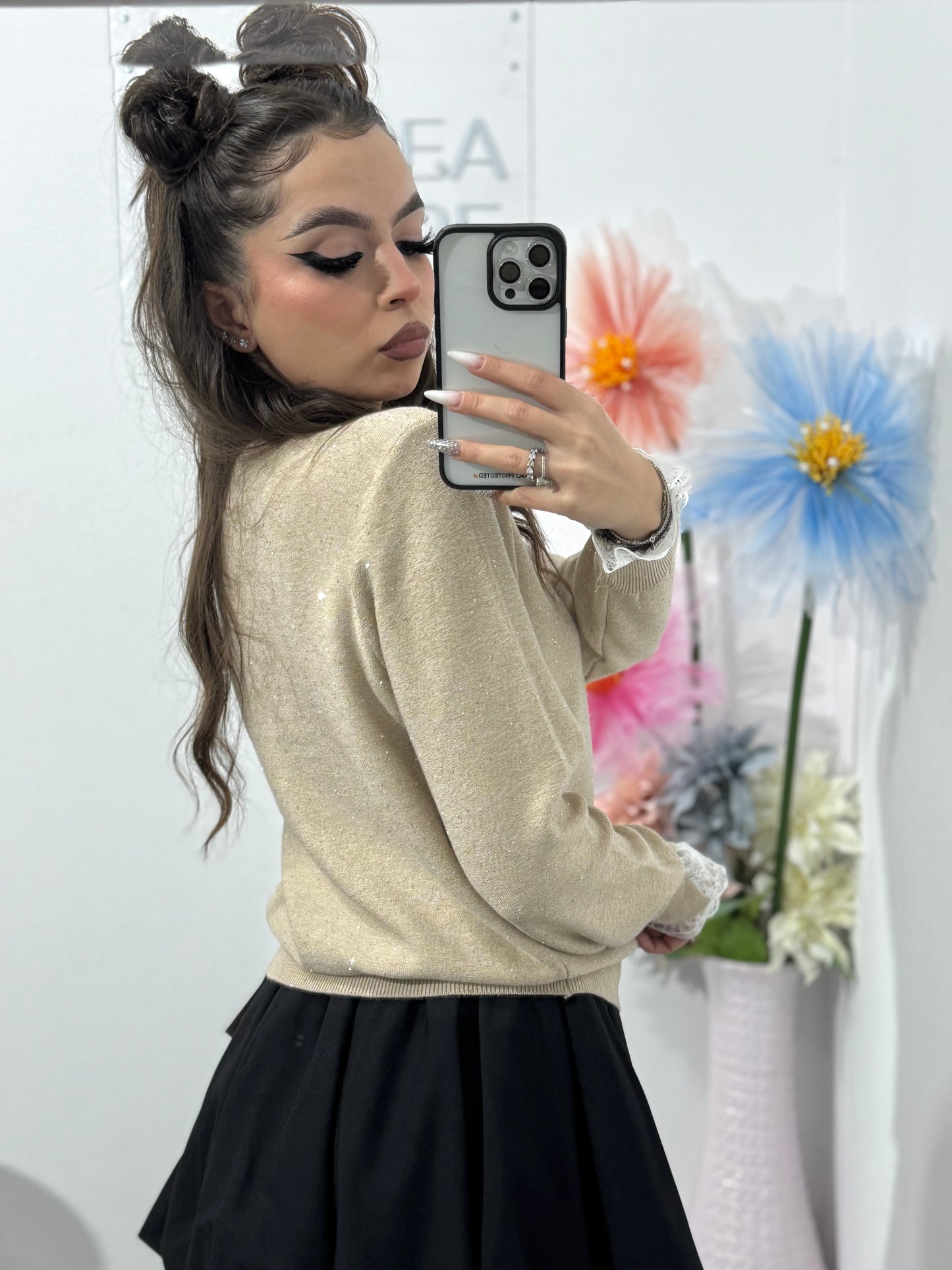 Bluza din tricot cu fir lucios și dantelă DORA