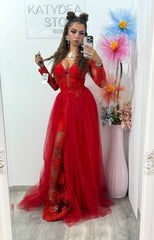 Rochie rosie de seara lunga Vivian din tulle si dantela