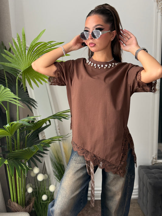 Tricou cu dantelă maro SARA