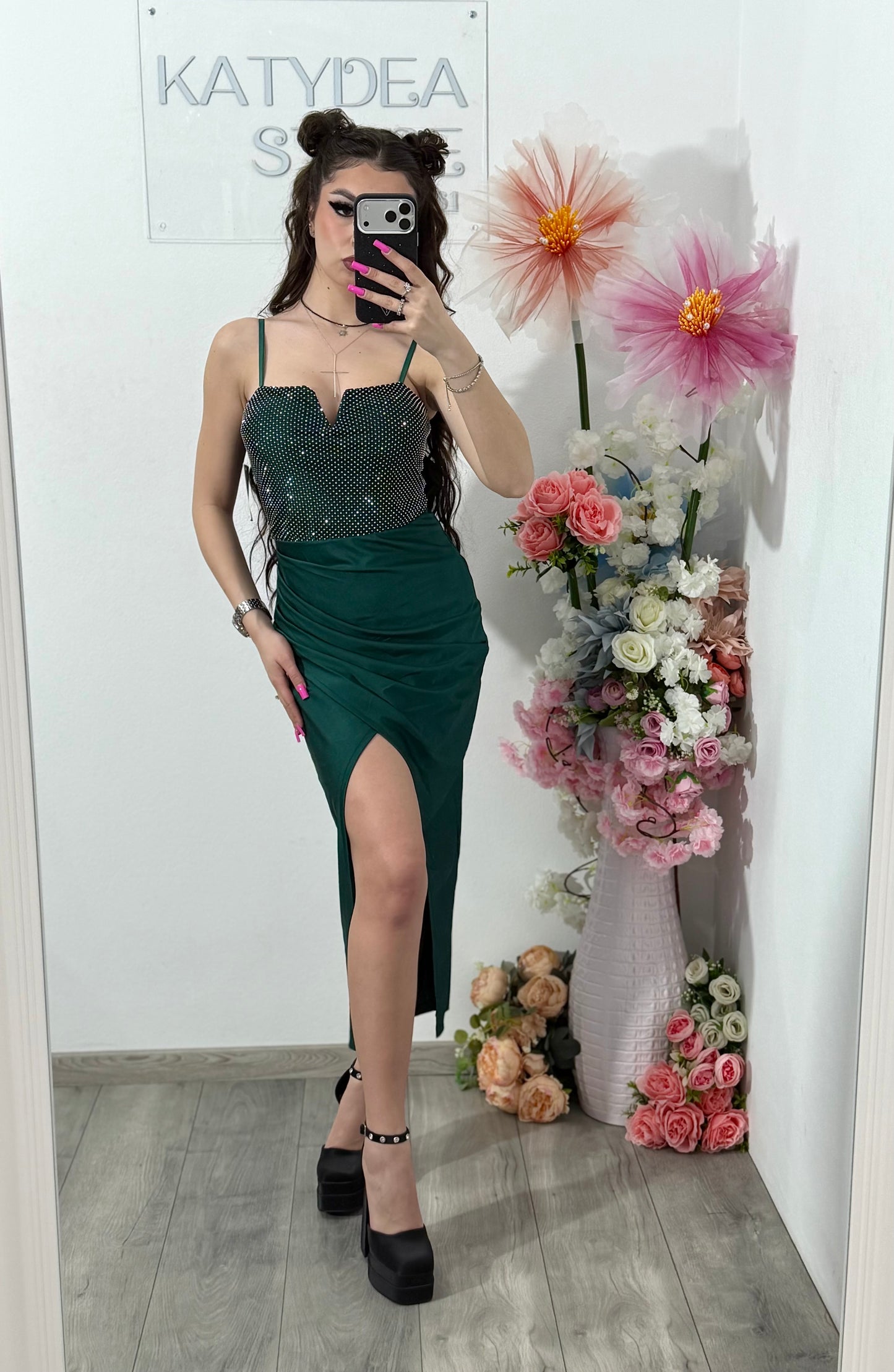 Rochie midi cu cristale verde smarald DELIA