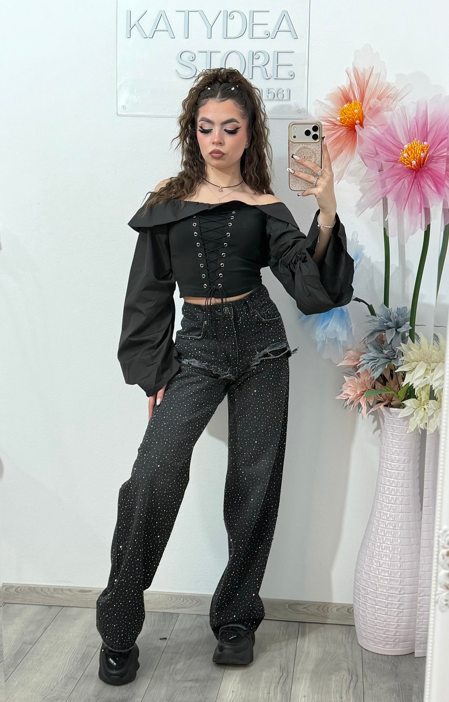 Jeans WideLeg cu cristale ștanțate MARYA