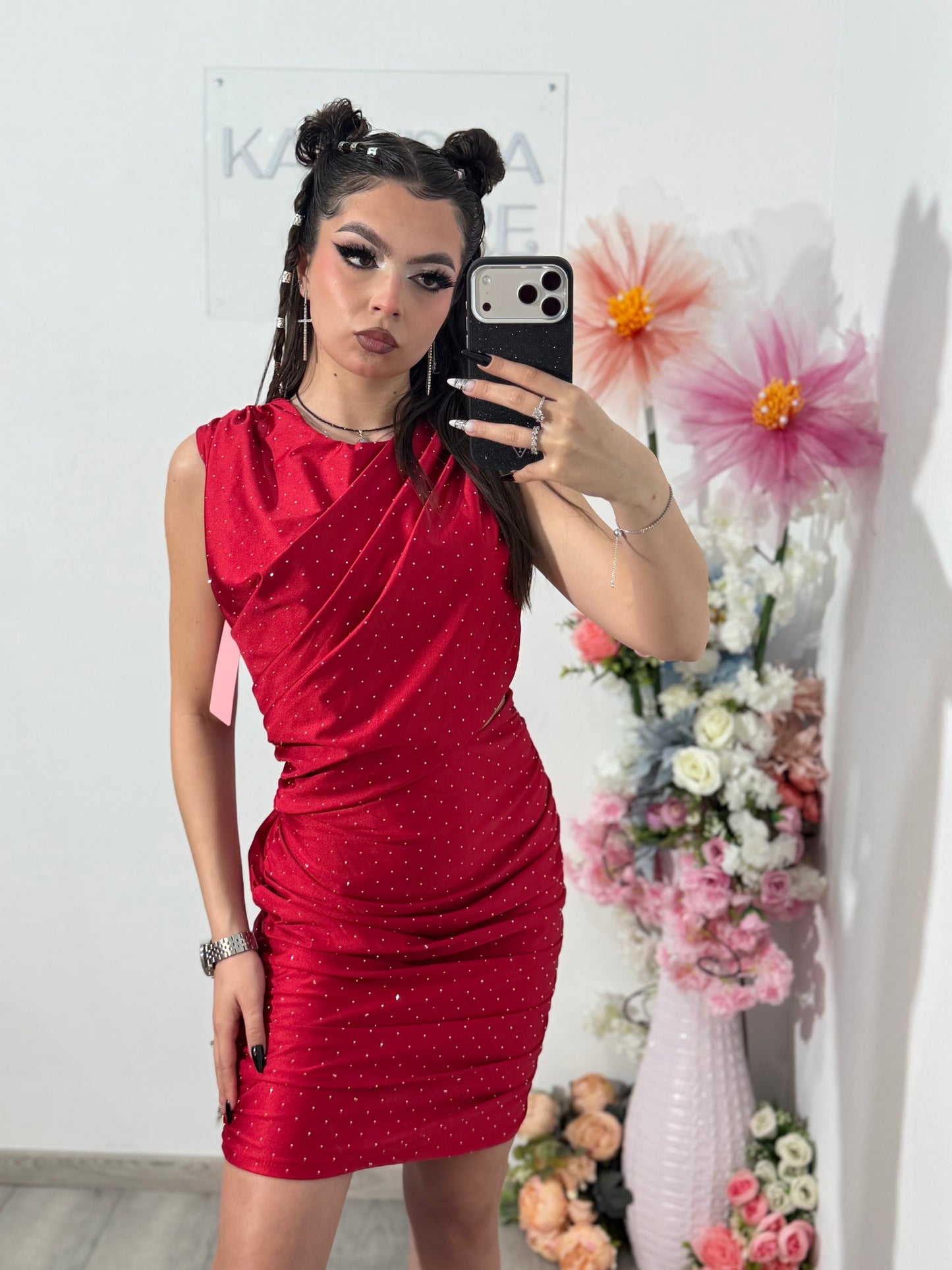 Rochie elegantă cu cristale ștanțate rosie SELENA