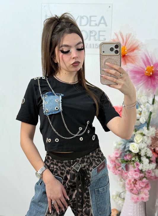 Tricou crop cu inserție din denim și accesorii MYA