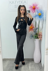 Jeans WideLeg negri cu cristale ștanțate Sorina