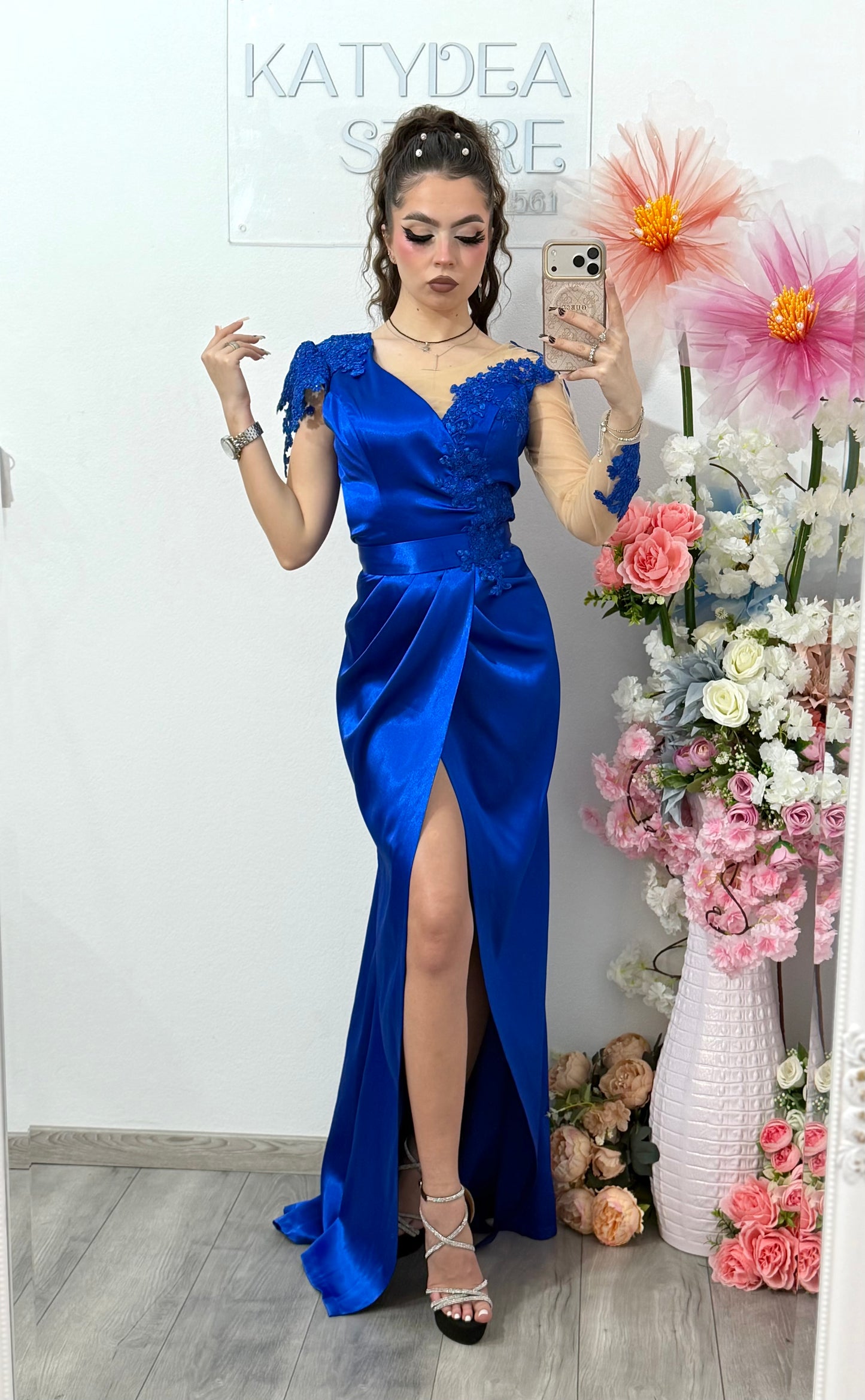Rochie lunga din tafta albastru safir Anasofia