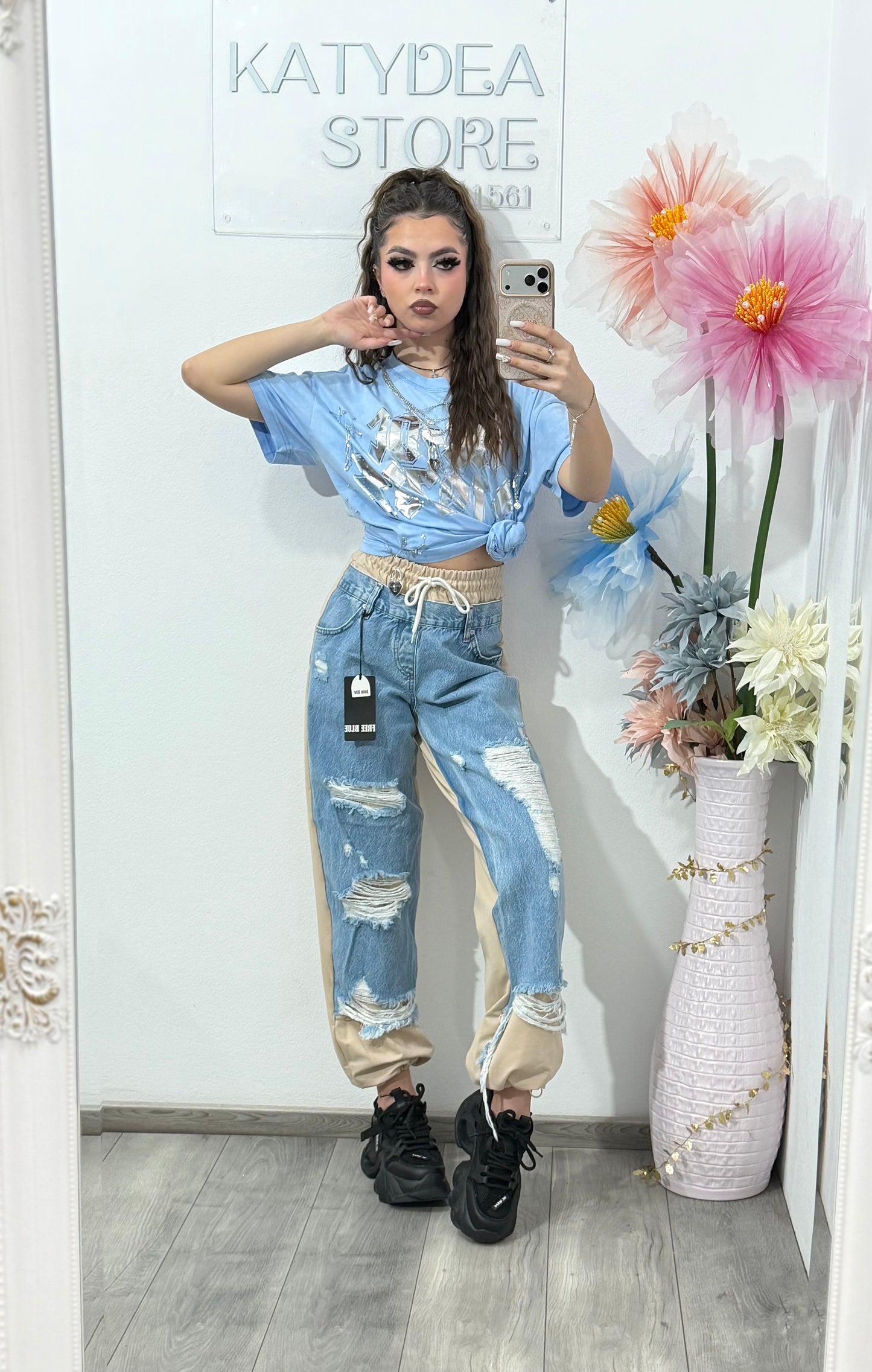 Pantaloni jeans cu design patchwork & efect ripped ALICE