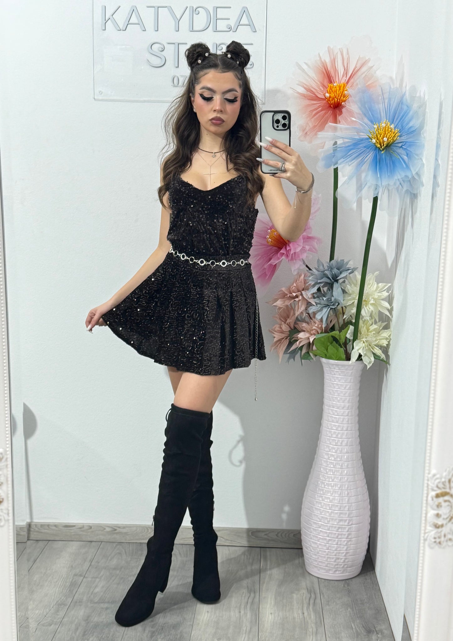 Fustă-pantalon plisată din paiete maro DELIA