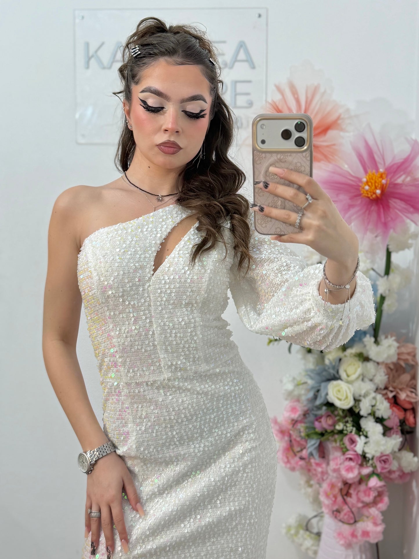 Rochie lunga alba cu paiete strălucitoare Cristinne