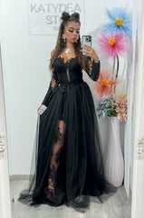 Rochie neagra de seara lunga Vivian din tulle si dantela