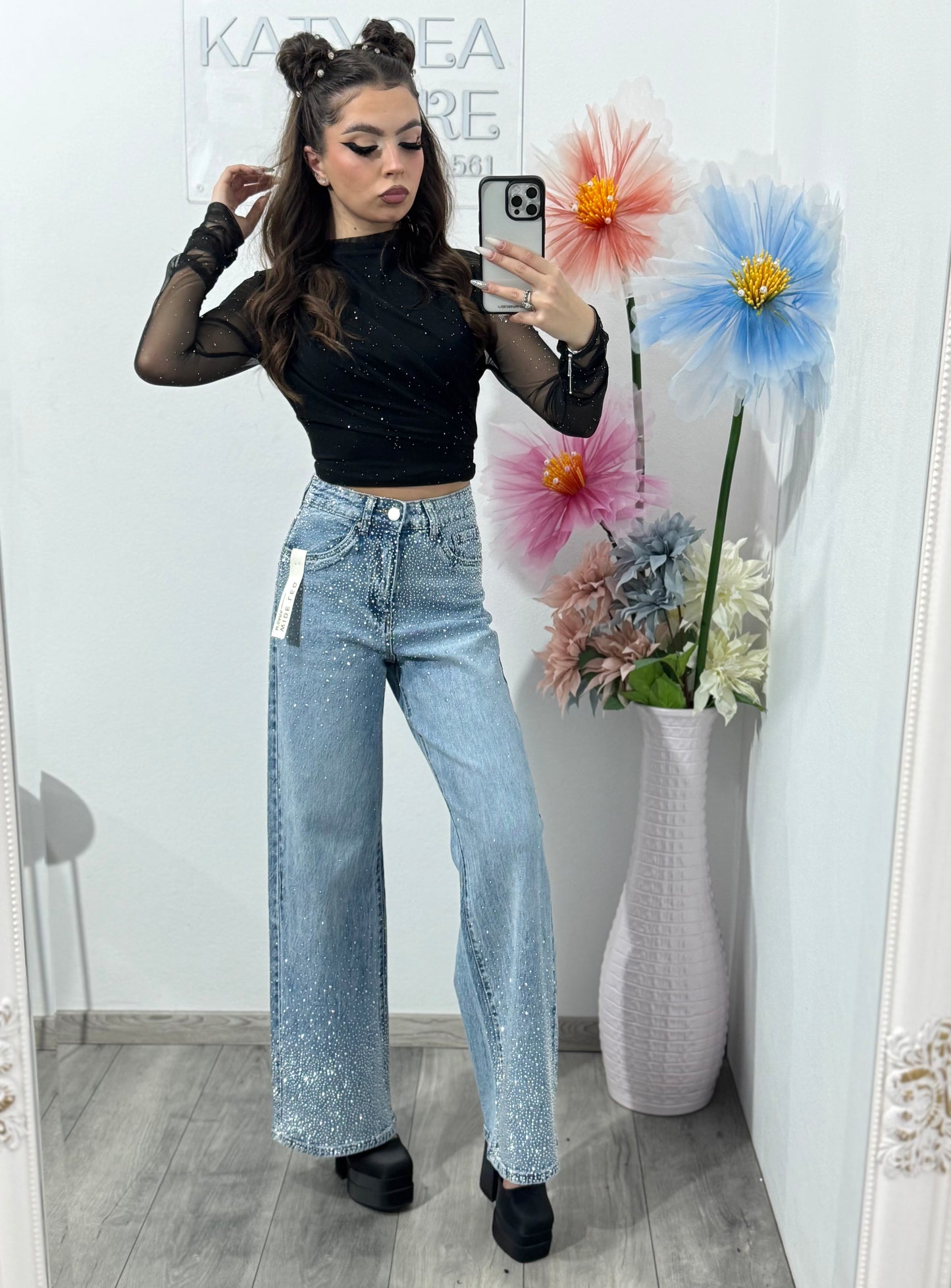 Jeans WideLeg albaștri cu cristale ELLENA