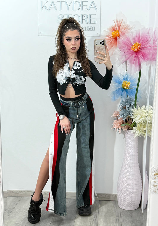 Pantaloni damă cu design sport-chic și capse laterale