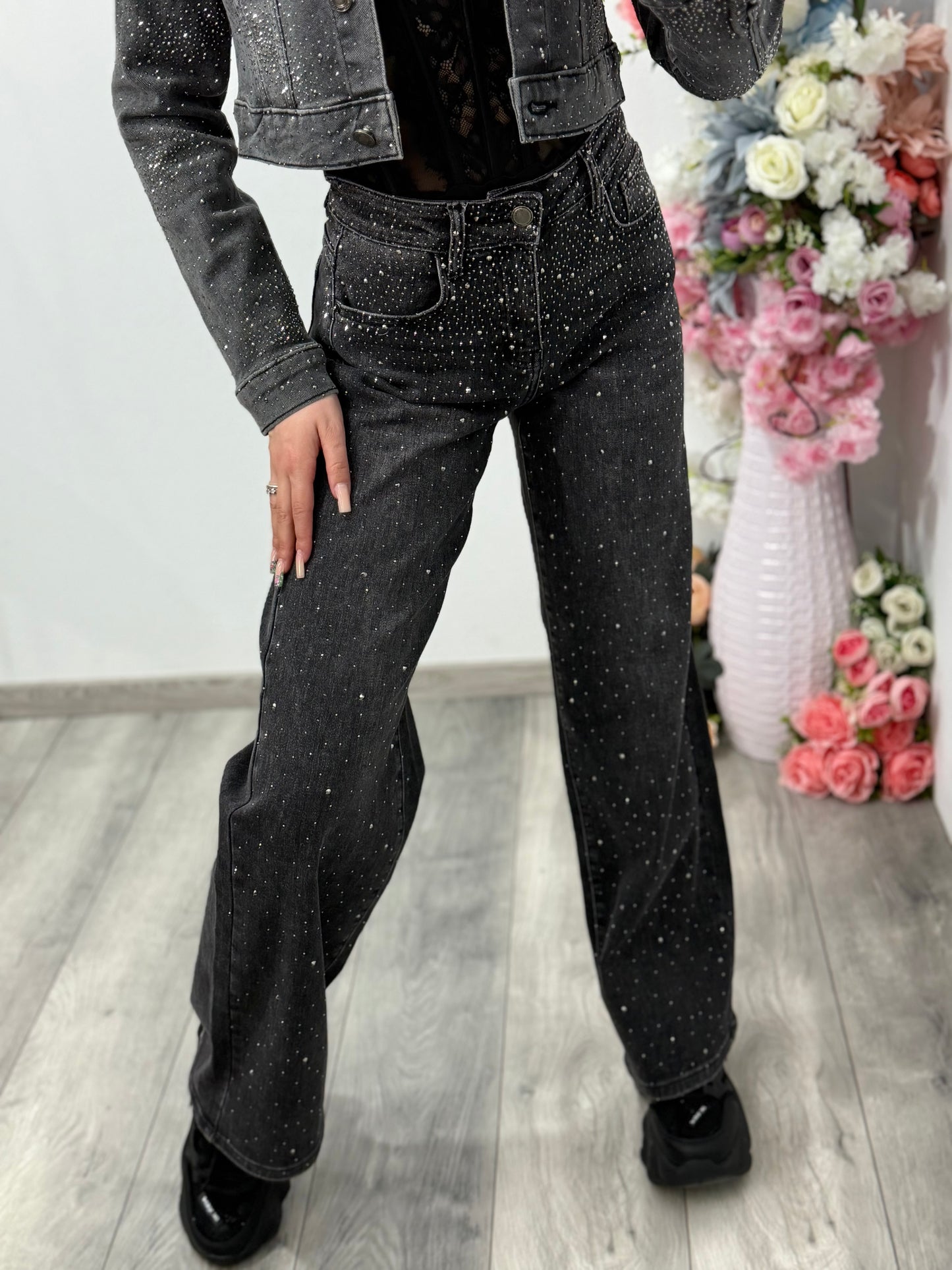 Blugi WideLeg gri cu cristale ELIZA