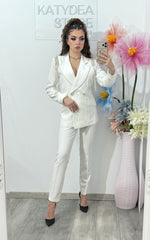 Costum elegant cu epoleți alb ANDREEA