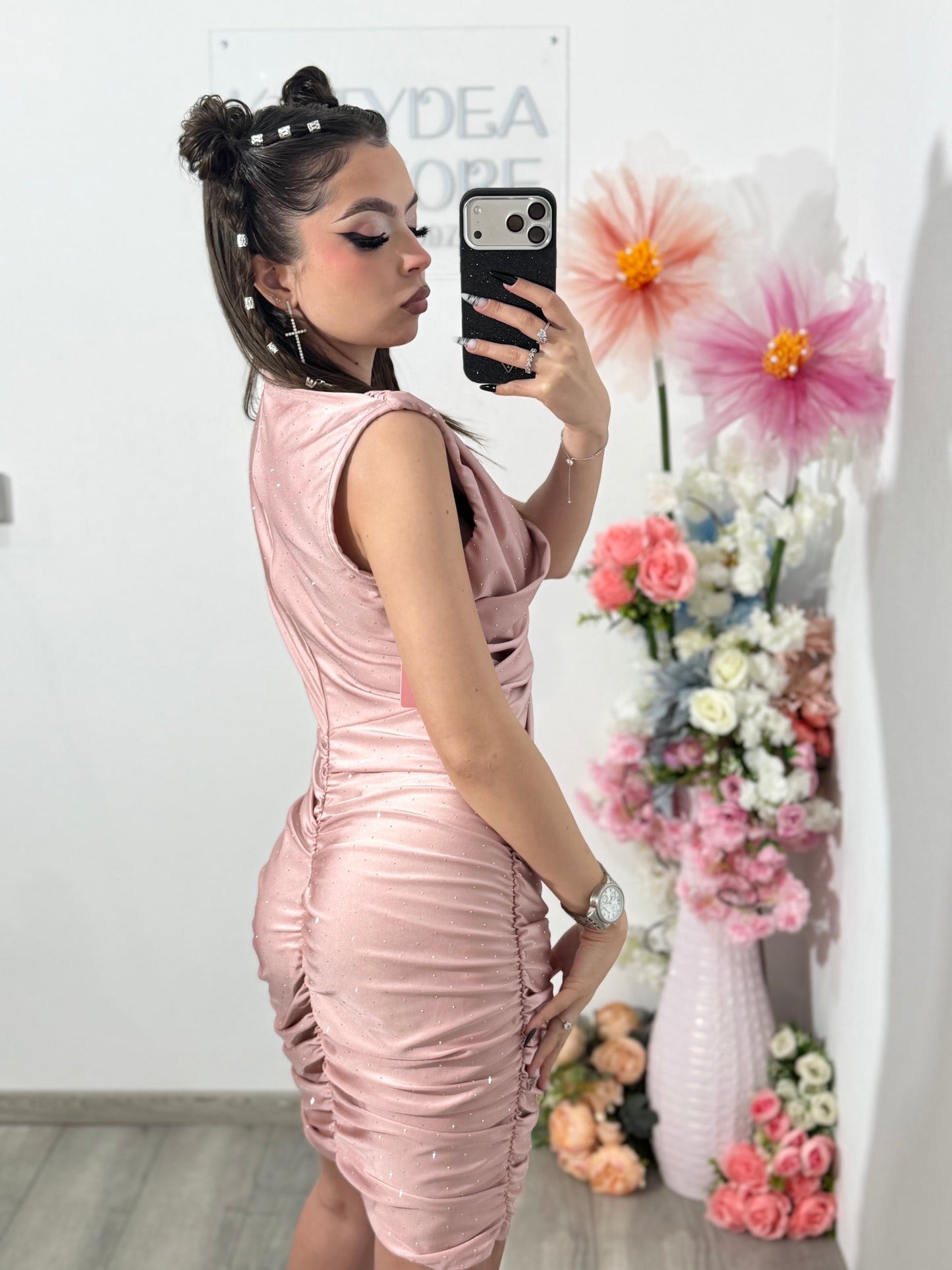 Rochie elegantă cu cristale ștanțate roz SELENA