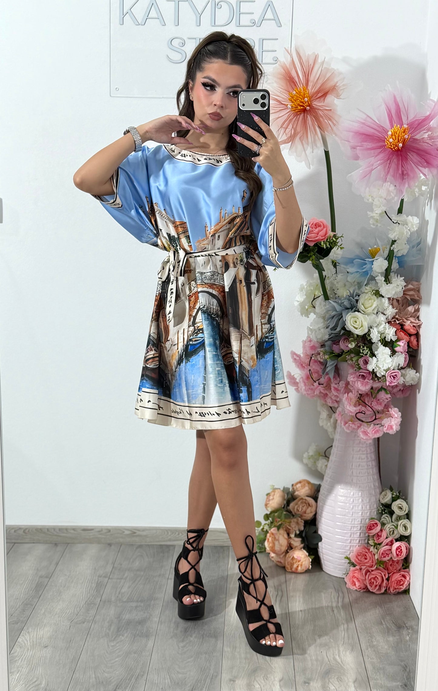 Rochie satinata cu imprimeu bleu RAYSA