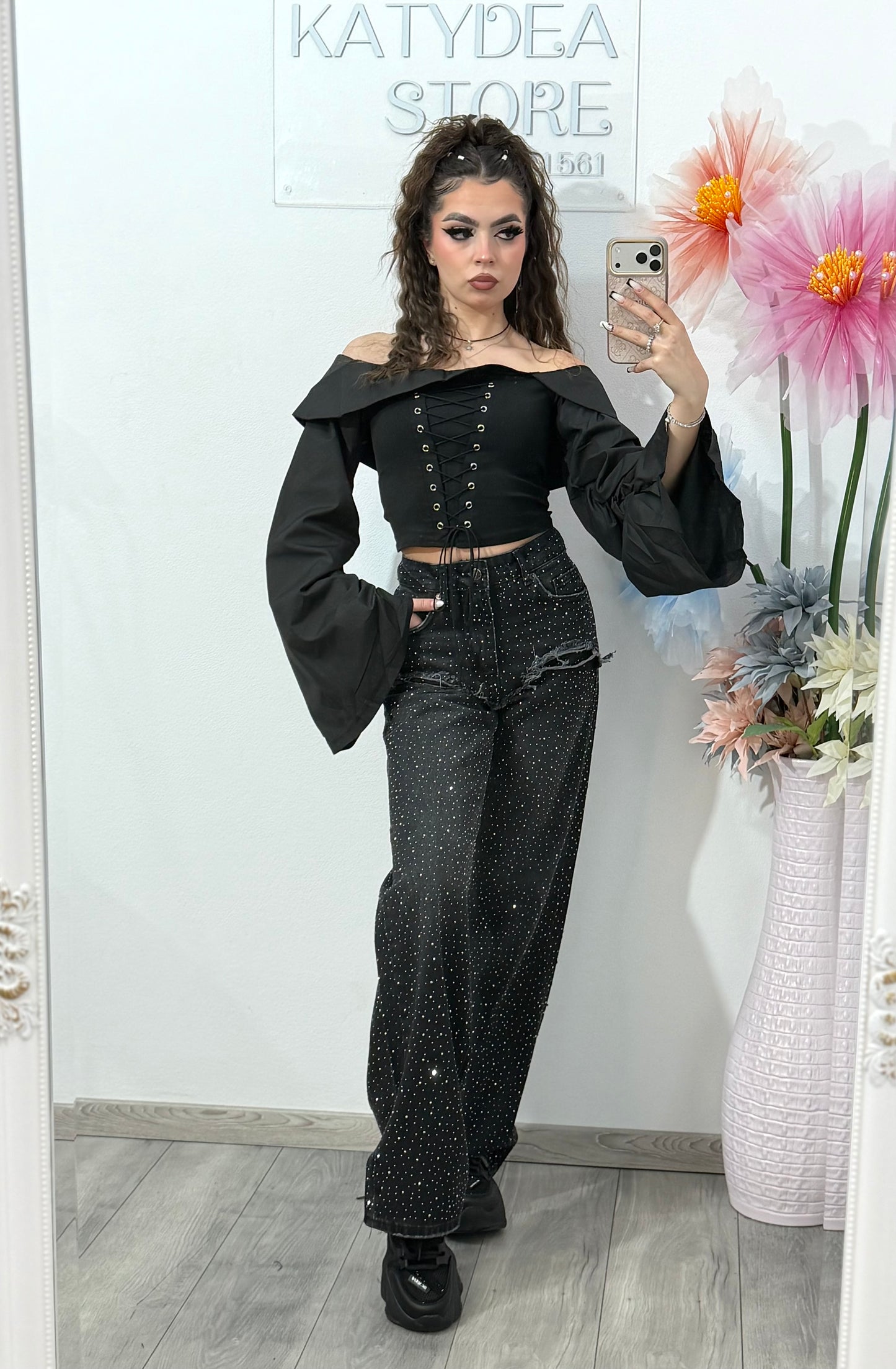 Jeans WideLeg cu cristale ștanțate MARYA