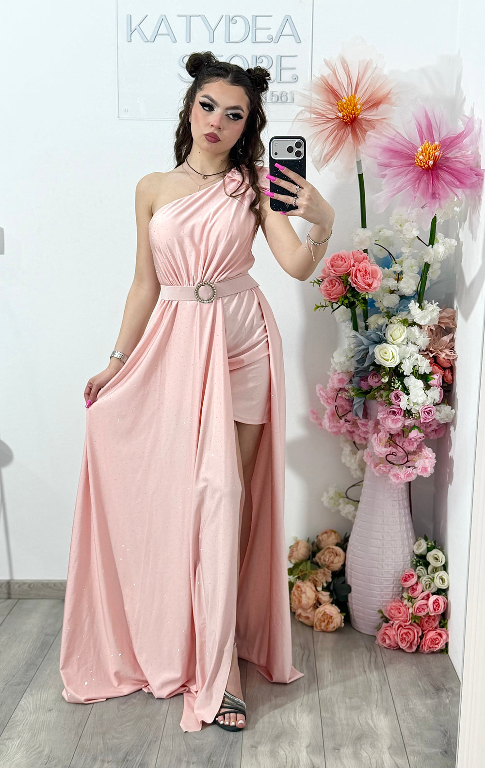 Rochie elegantă cu cristale roz pudră Cleopatra