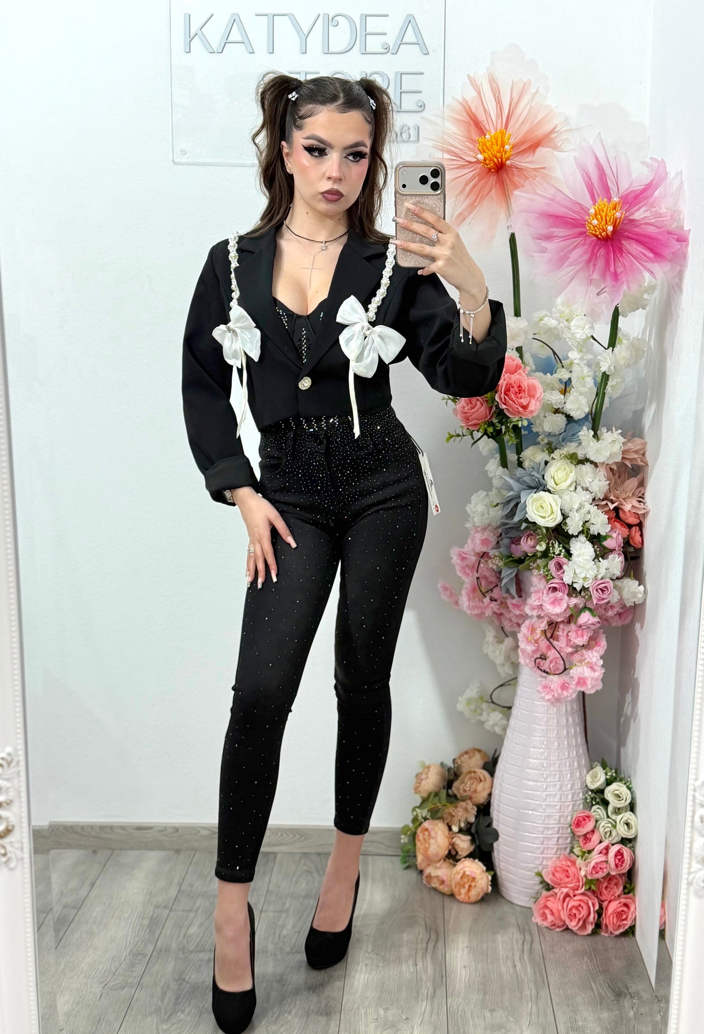 Sacou cropped cu fundițe si perle ANA