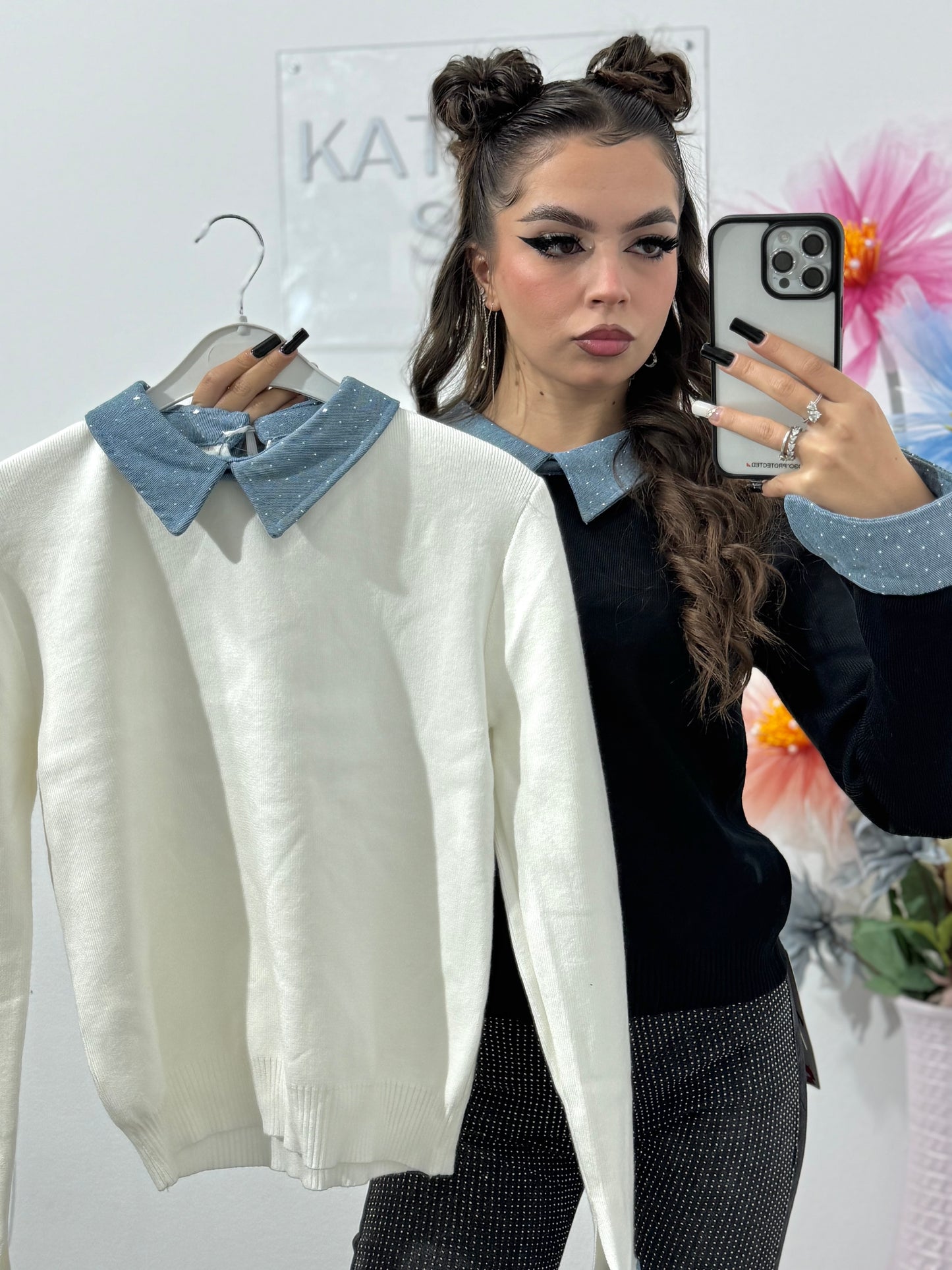 Pulover cu guler din denim Delia